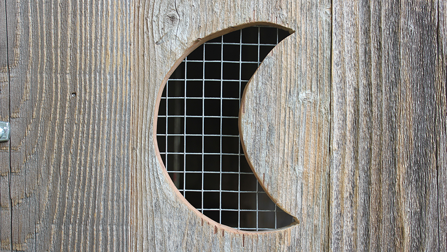 Close-up of crescent moon cutout ventilation on rustic reclaimed wood chicken coop—blending farmhouse charm with functional airflow for backyard poultry housing, featured by UrbanGardenWorkshop