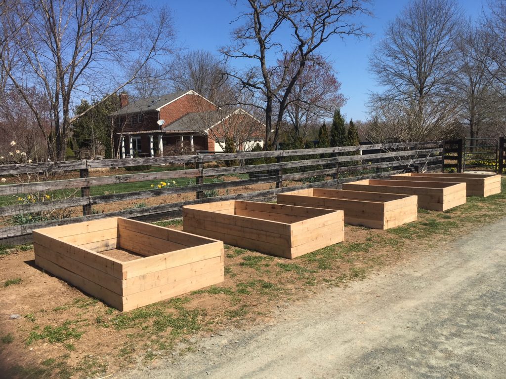 Set of raised wooden garden beds lined up along a country fence, ideal for vegetable gardening, backyard farming, and sustainable homesteading.