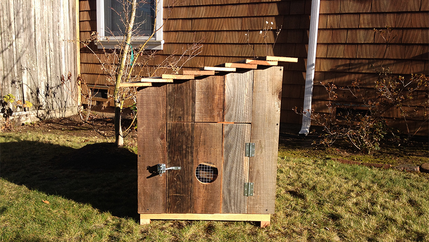 Compact slanted-roof chicken coop built from reclaimed wood, featuring custom cutout ventilation and secure access door—ideal for urban backyards and sustainable living at UrbanGardenWorkshop