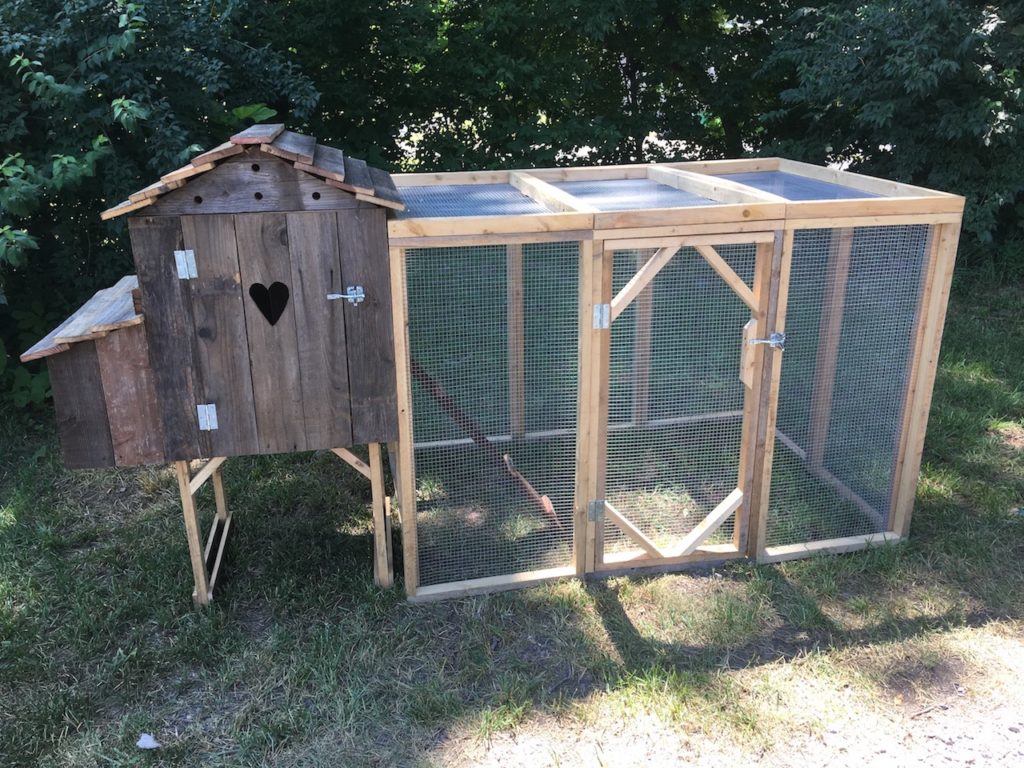 Rustic cottage-style chicken coop with heart-shaped window, elevated nesting box, and attached wire run—perfect for backyard poultry and homesteading setups